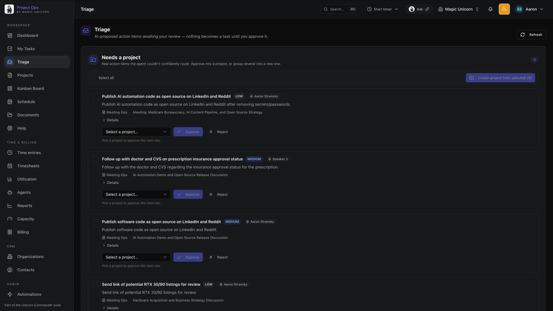 A human approval gate on AI action items.