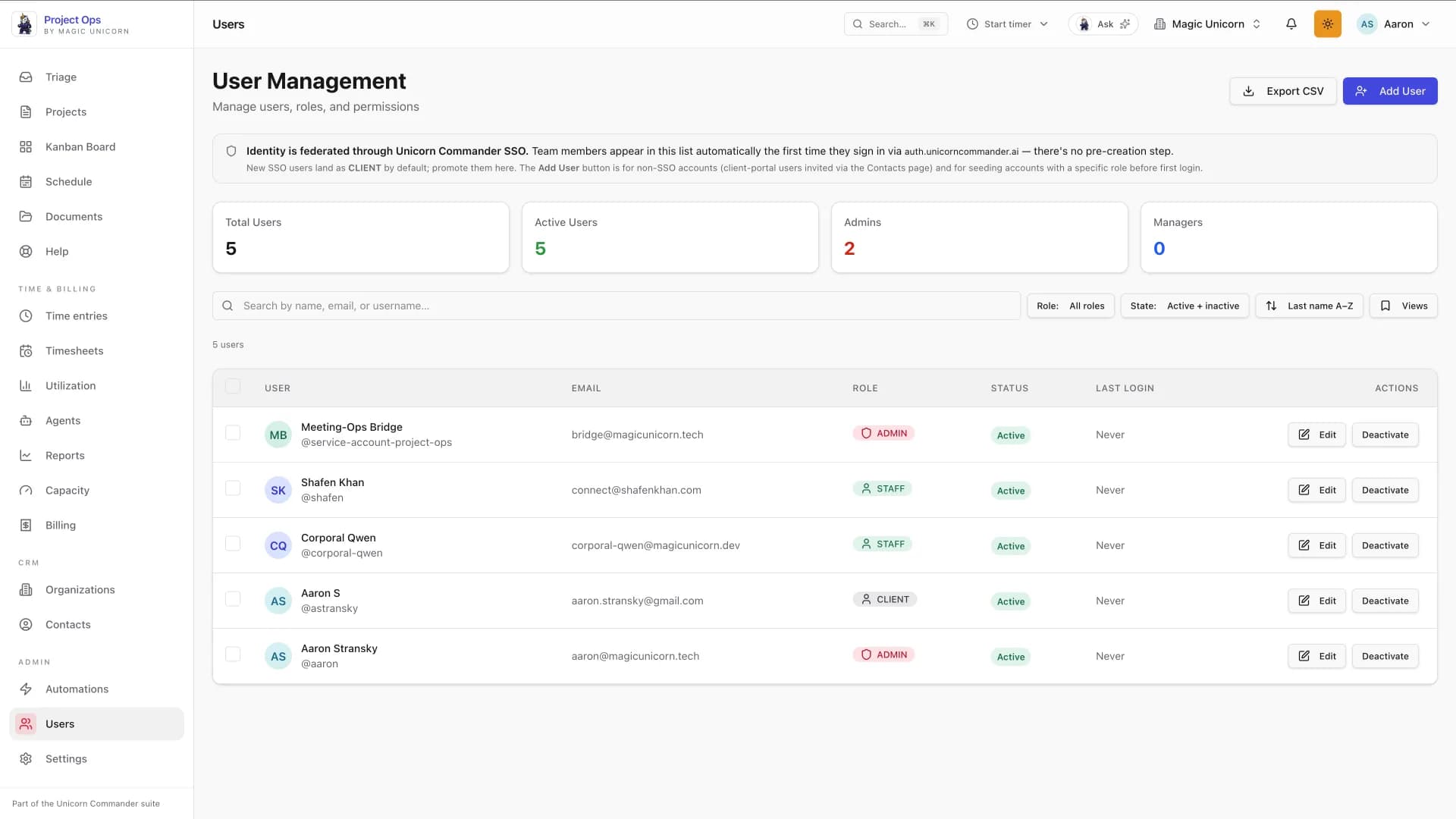 Project-Ops user management with SSO federation, roles, and status across the team